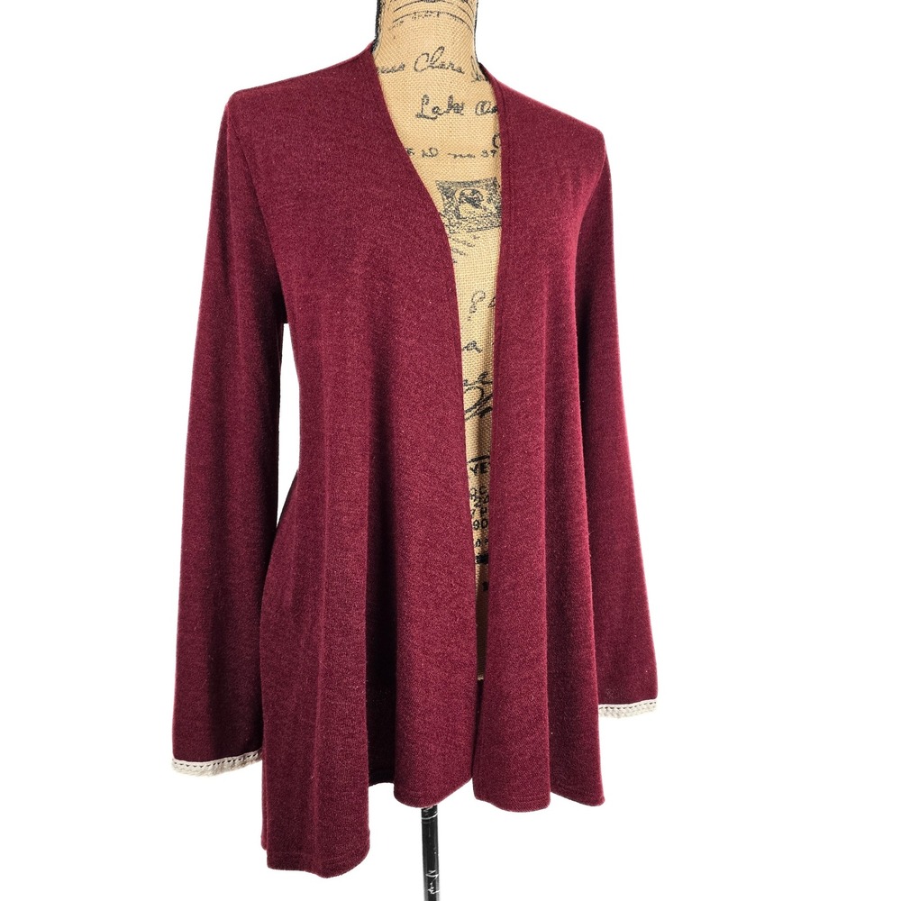 Miin Burgundy Open Front Cardigan Crochet Lace Back Bell Sleeve Wine Red Medium